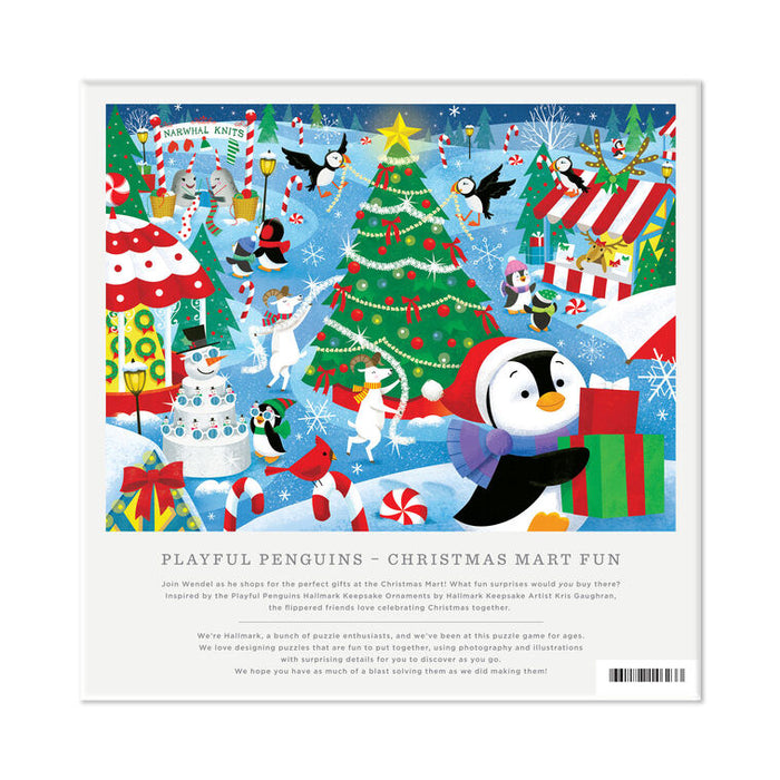 A square printed puzzle or game card titled 'Playful Penguins - Christmas Mart Fun' showing a colorful festive illustration of penguins, candy canes, snowman hats, gifts, and holiday decorations in a Christmas mart scene. The card has a white border with short descriptive text below the artwork.