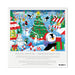A square printed puzzle or game card titled 'Playful Penguins - Christmas Mart Fun' showing a colorful festive illustration of penguins, candy canes, snowman hats, gifts, and holiday decorations in a Christmas mart scene. The card has a white border with short descriptive text below the artwork.