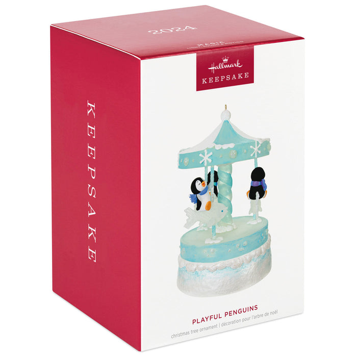 Playful Penguins on Carousel 2024 Musical Ornament With Light and Motion