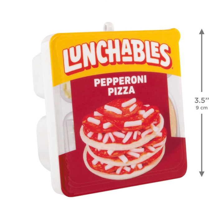 Lunchables Pepperoni Pizza novelty food container with a printed pizza graphic and a height measurement arrow indicating 3.5 inches (9 cm) on a white background.