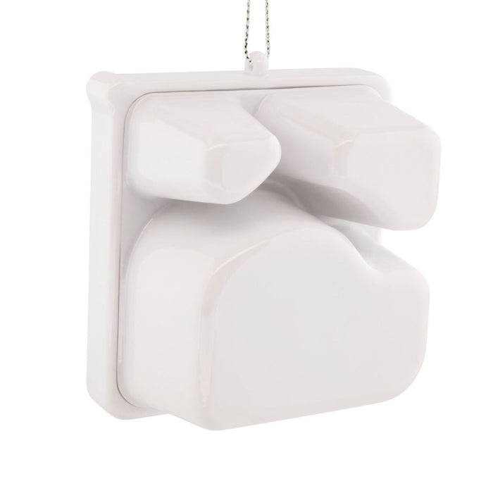 A white wall-mounted double-sink faucet fixture with a hanging chain, shown against a plain white background.