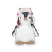 Stuffed penguin toy wearing a plaid hat on a white background