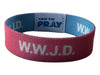 Wristband with 'W.W.J.D.' text on a white background