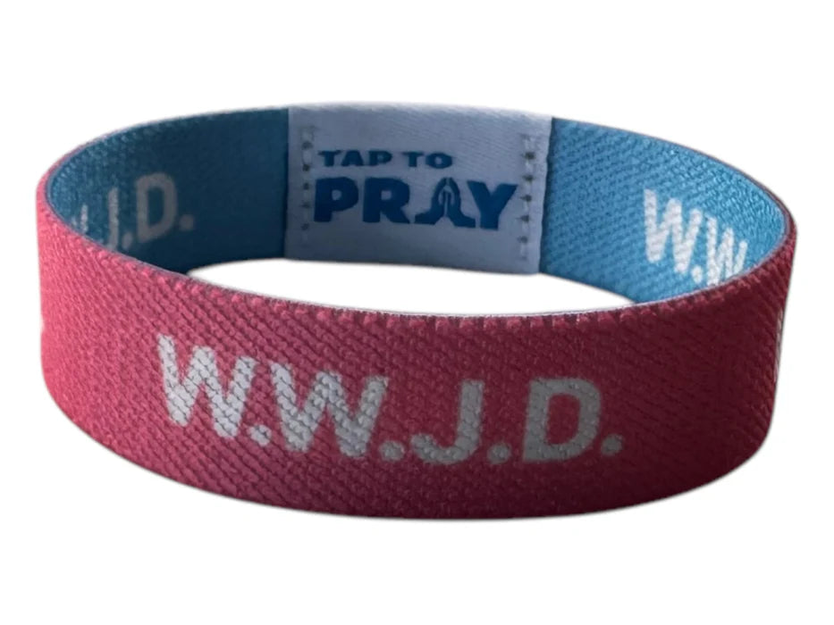 Wristband with 'W.W.J.D.' text on a white background