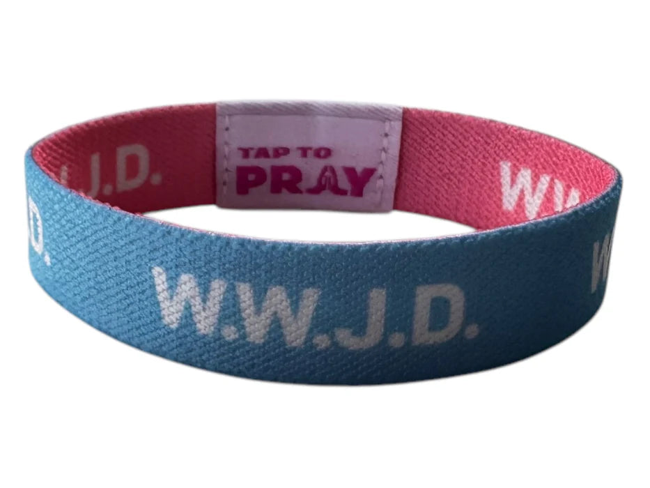 Wristband with 'W.W.J.D.' text on a white background
