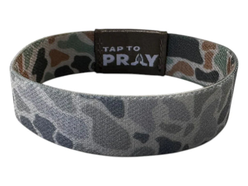Camouflage-patterned band with 'Tap to Pray' text on a white background