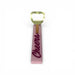 Pink bottle opener with 'Cheers' text and gold accent on a white background