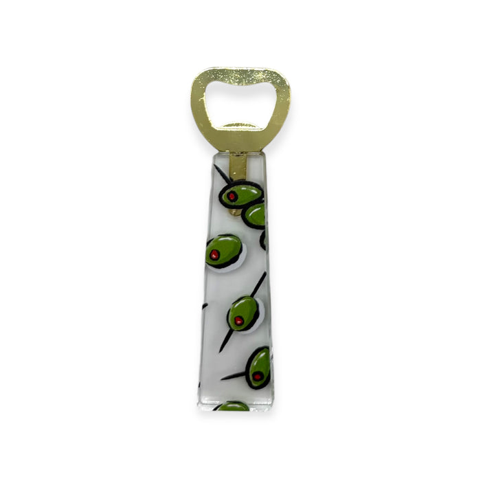 Bottle opener with olive design on a white background