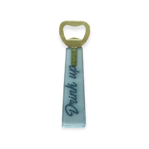 Bottle opener with 'Drink up' text on a light blue background