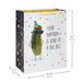 Gift bag with pickle illustration and humorous text, dimensions indicated
