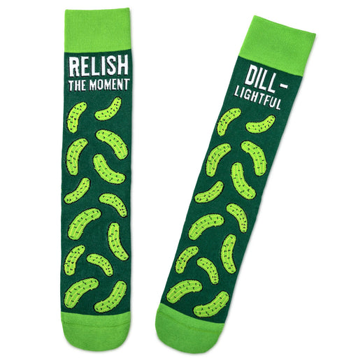 Two green socks with pickle pattern and text on a white background