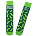Two green socks with pickle pattern and text on a white background