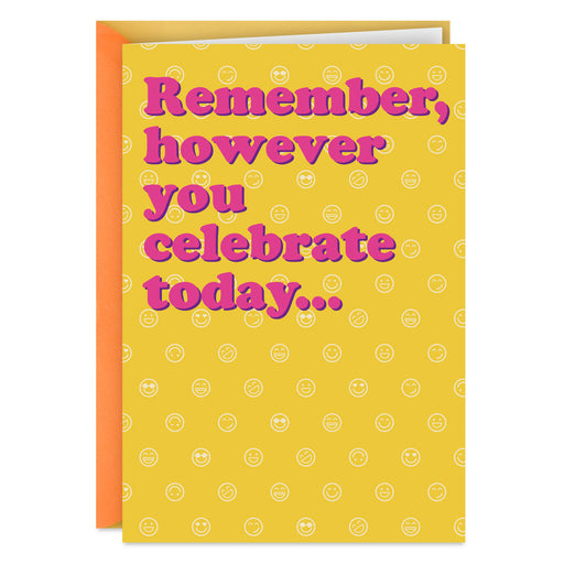 Yellow card with pink text and smiley face pattern