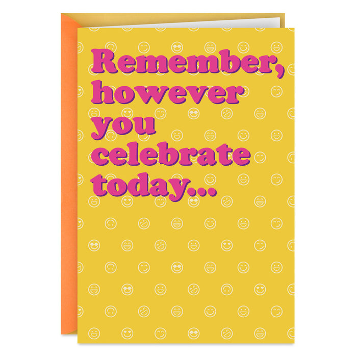 Yellow card with pink text and smiley face pattern