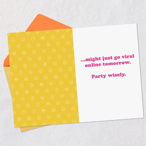 Greeting card with yellow emoji-patterned envelope and pink text on a light gray background