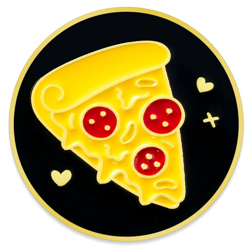 A circular enamel pin featuring a slice of pepperoni pizza on a black background with a gold border.