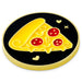 A circular enamel pin featuring a slice of pepperoni pizza on a black background with a gold border.