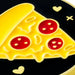 A close-up of a glossy enamel pin shaped like a slice of pizza on a black background, with yellow cheese, red pepperoni, and small gold heart and cross details.