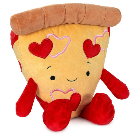 Plush toy shaped like a slice of pizza with heart eyes on a white background
