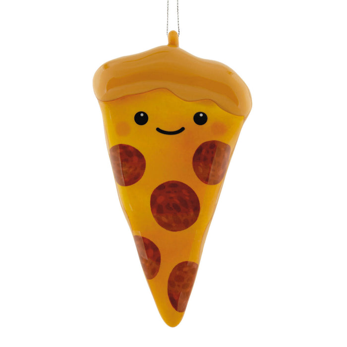 A cute, kawaii-style hanging ornament shaped like a slice of pepperoni pizza. The ornament features a warm yellow-orange base with brown pepperoni circles, a smiling face, and a white hanging string at the top, set against a solid white background.