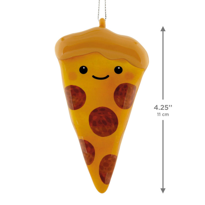 A cute, cartoon-style pizza slice hanging ornament with a smiling face, shown with a vertical dimension arrow indicating a height of 4.25 inches (11 cm) on a plain white background.