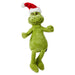 Green plush toy with a red and white Santa hat on a white background