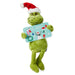 Green plush toy with a Santa hat holding a gift card on a white background