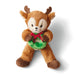 Plush deer toy with a green belly and red bow on a white background