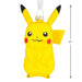Yellow Pikachu character with black accents and red cheeks, hanging from a white ribbon on a white background.