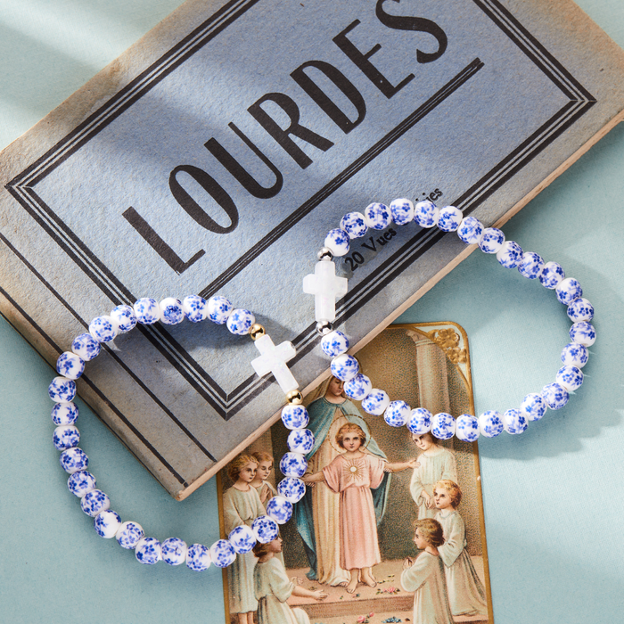 Holy Water Porcelain and Silver Cross Bracelet