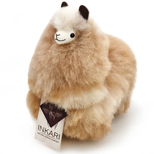 Plush toy llama with a visible Inkari tag on a white background