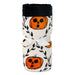 A rolled-up fleece blanket featuring a black top border and an orange pumpkin print on an off-white background, tied with a white ribbon.