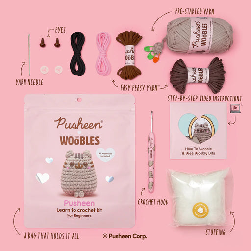 Crochet kit with Pusheen branding on a pink background