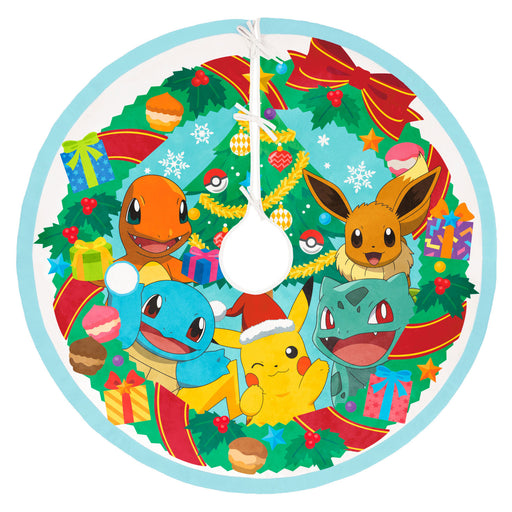 Circular design with cartoon characters in a festive setting, featuring a Christmas tree and presents.