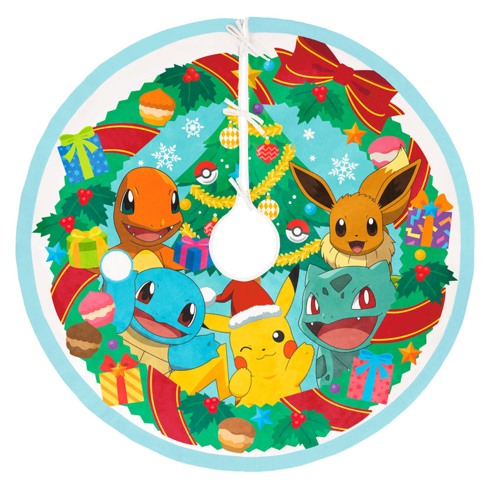 Circular design with cartoon characters in a festive setting, featuring a Christmas tree and presents.