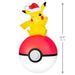 Pikachu on a Poké Ball with a Santa hat, showing dimensions on a white background