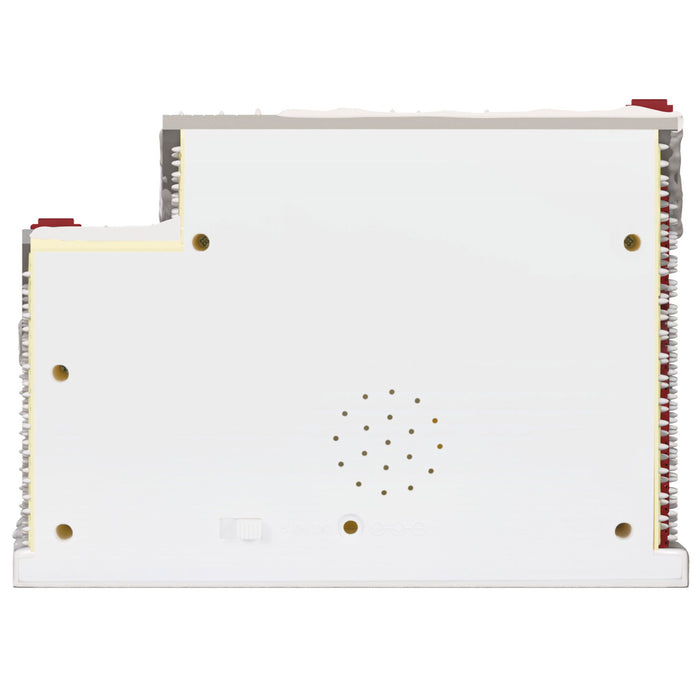 White electronic module with gold connectors on a white background