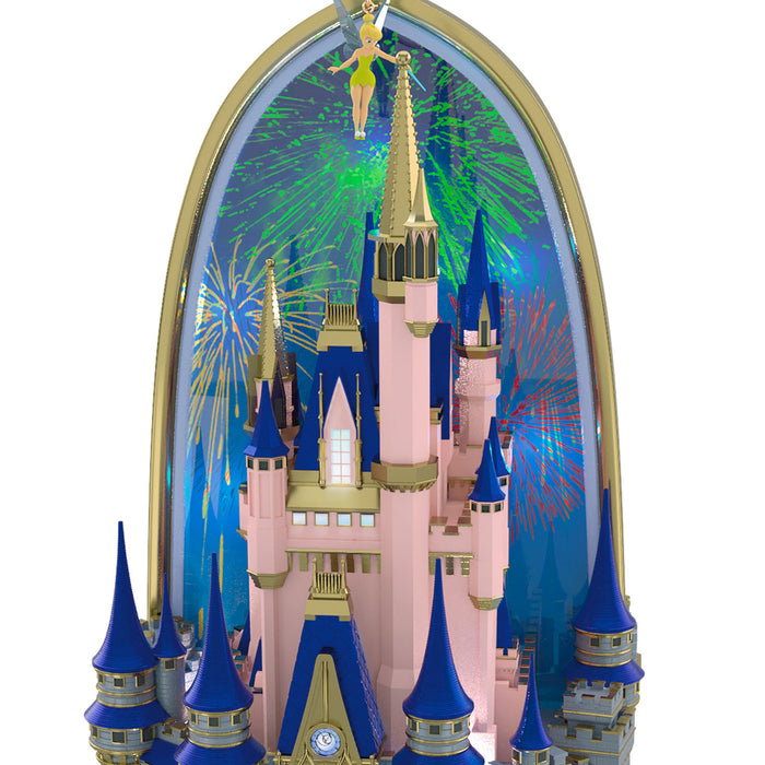 Fantasy castle with blue spires and fireworks in the background