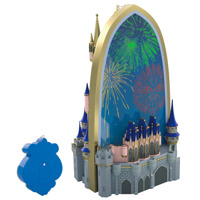 Decorative ornament of a castle with fireworks display on a white background