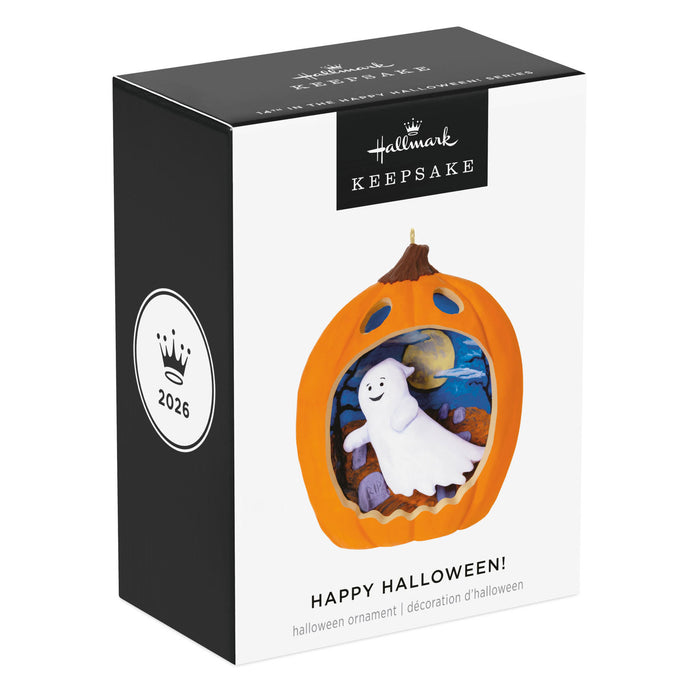 Hallmark Halloween ornament packaging with ghost and pumpkin design