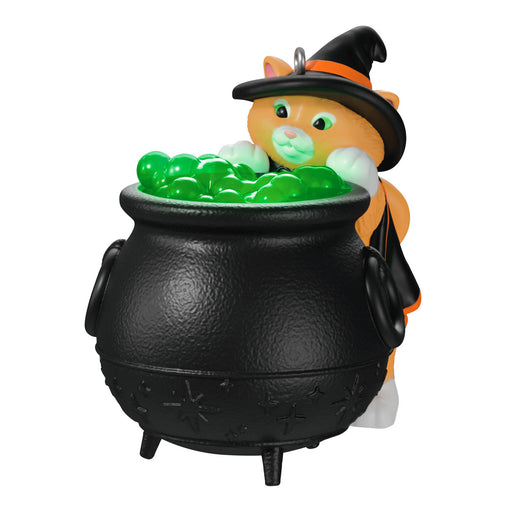 Halloween-themed ornament with a cat in a witch hat and green gummy worms in a black cauldron.