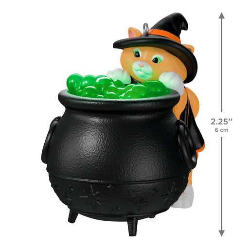 Halloween-themed ornament with a cat in a witch hat and green jellybeans inside a black cauldron, with dimensions indicated.