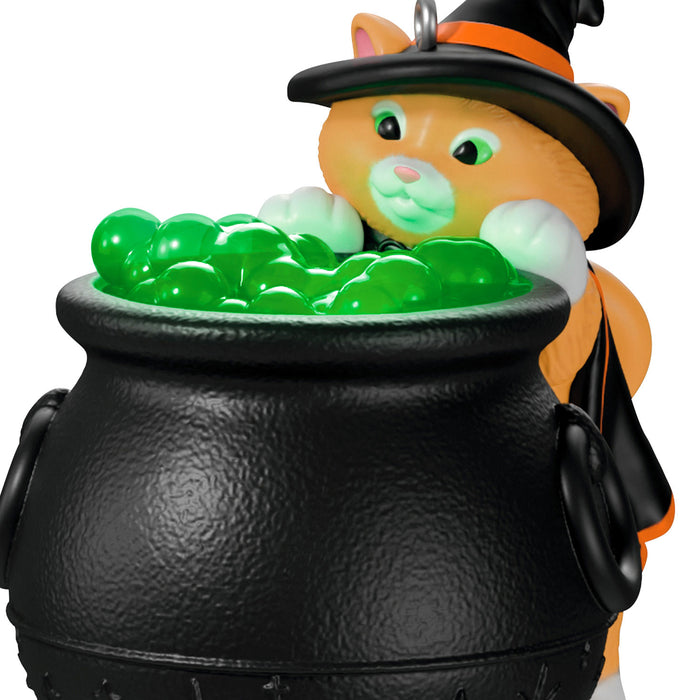 Halloween-themed ornament with a cat in a witch hat and cauldron filled with green candy.