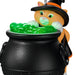 Halloween-themed ornament with a cat in a witch hat and cauldron filled with green candy.