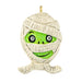 Decorative ornament shaped like a mummy with a green face on a white background
