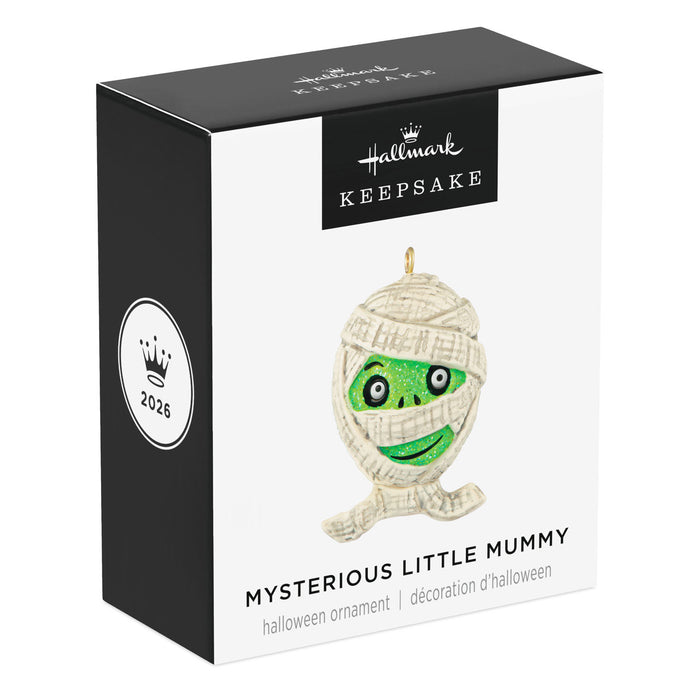Hallmark Keepsake Halloween ornament packaging with a mummy design on a white background