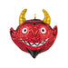 Red glittery devil face ornament with yellow horns on a white background