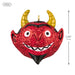 Red glittery devil ornament with gold horns and measurement details on a white background