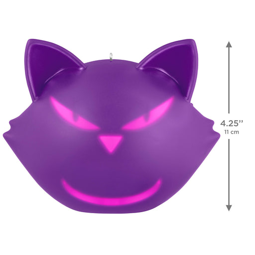 Purple cat-shaped candle with dimensions on a white background