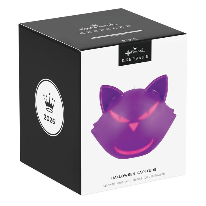 Halloween-themed product packaging with a purple cat design on a white background